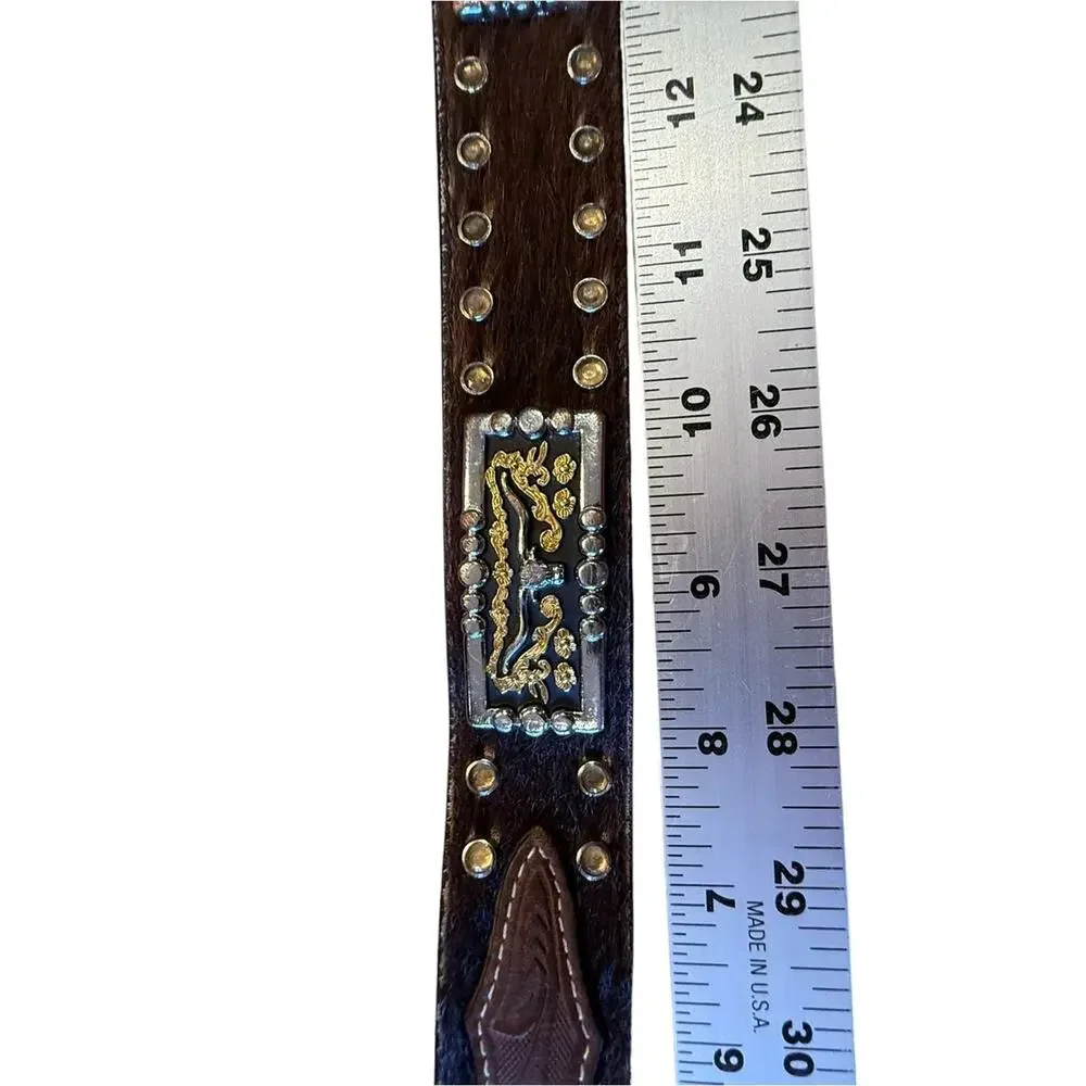 3D Youth Size 26 Western Tooled Leather & Calfhair Belt with Decorative Trim